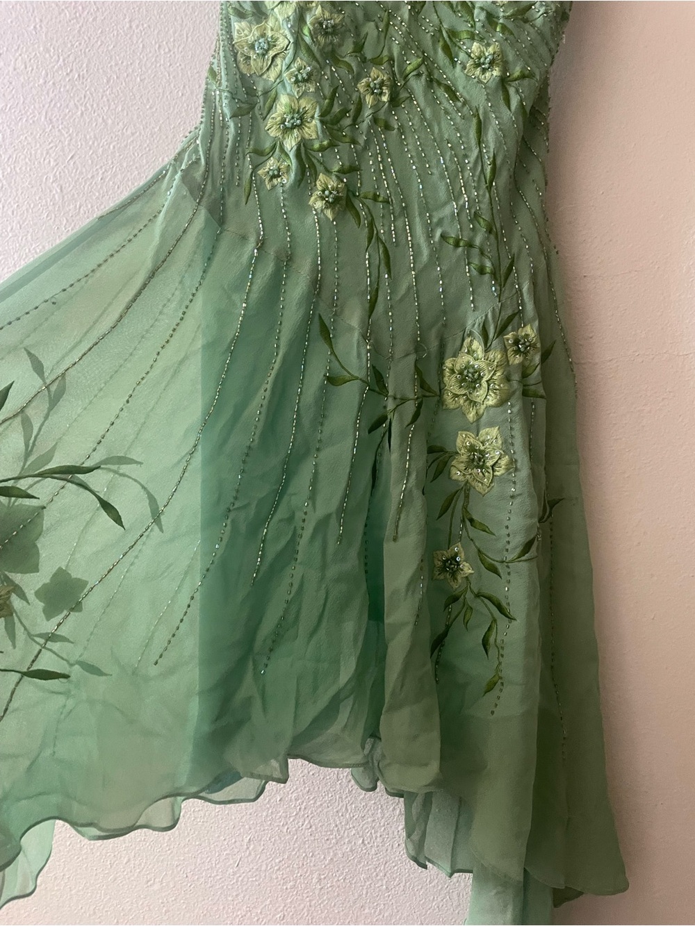 Rare VTG 100% Silk Sue Wong Fairy floral beaded Lime Green Dress w/ Silk Scarf - Picture 5 of 16